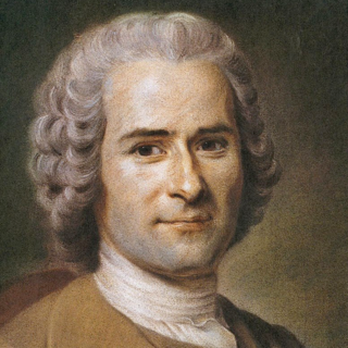 A painted portrait of Jean-Jacques Rousseau. His hair is gray and curly. He appears to be smiling slightly.