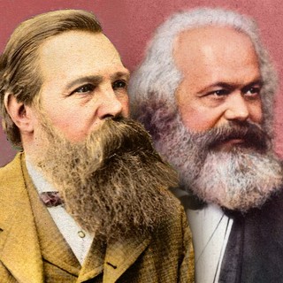 a colored-pencil version of a two-person bust portrait of Karl Marx and Friedrich Engels. They are both wearing suits that appear old-fashioned. Photo Credit: Artistosteles on commons.wikimedia.org