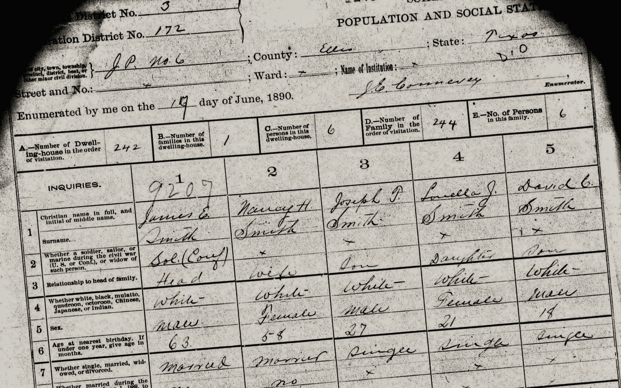 A surviving 1890 U.S. Census page recording the Smith family of Ellis County, Texas. Inquiry 4 reads "Whether white, black, mulatto, quadroon, octoroon, Chinese, Japanese, or Indian." All five family members are entered as "White."