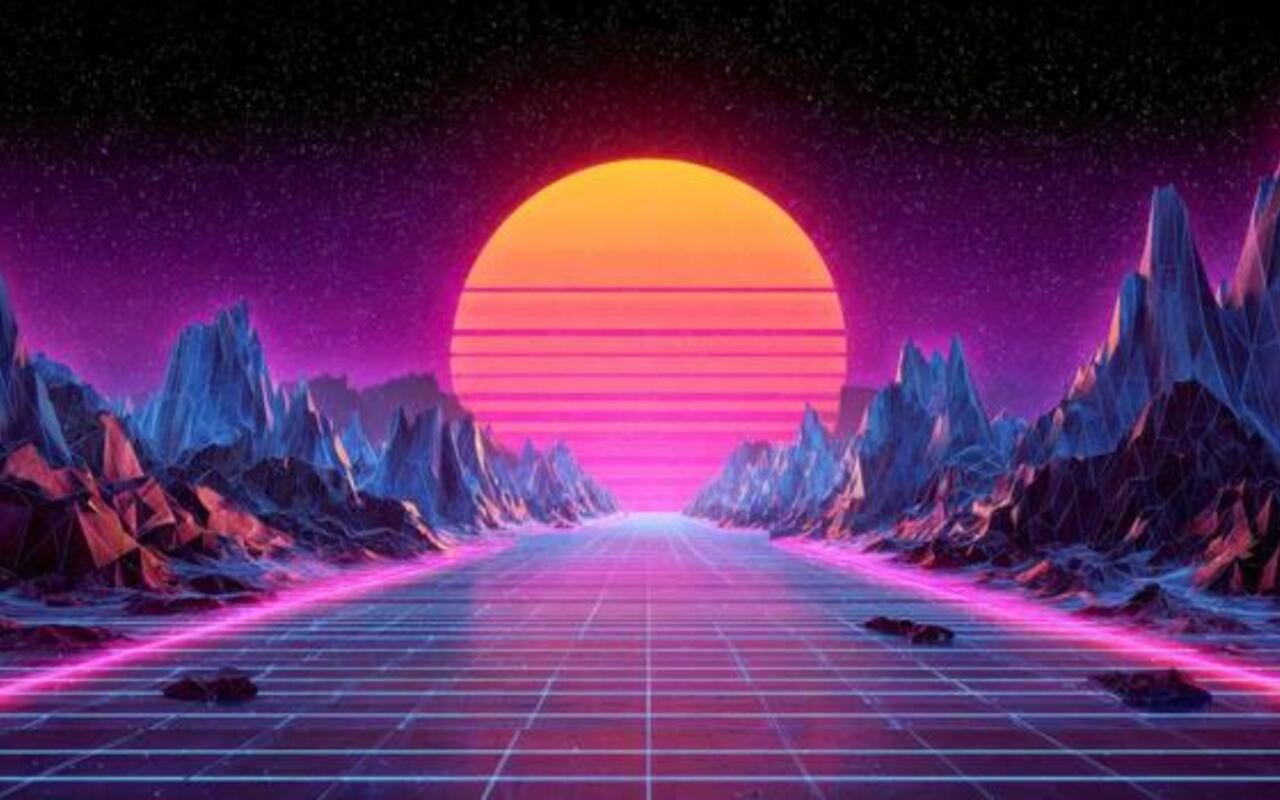 Digital world in purples, blues, and pinks -- mountains and distant moon