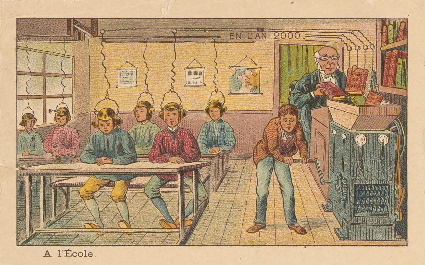 An 1899 color illustration imagining a classroom in the year 2000: pupils sit at desks wearing helmet-like receivers wired overhead to a machine that an operator hand-cranks, while the schoolmaster feeds books into it, as if pouring their contents straight into the students' heads.